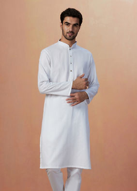 alt message - Manyavar Men White Self Striped Kurta Pajama image number 1
